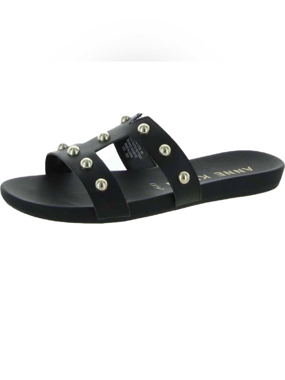 Anne Klein Womens Ely Black Embellished Slip-On T-Strap Sandals Shoes